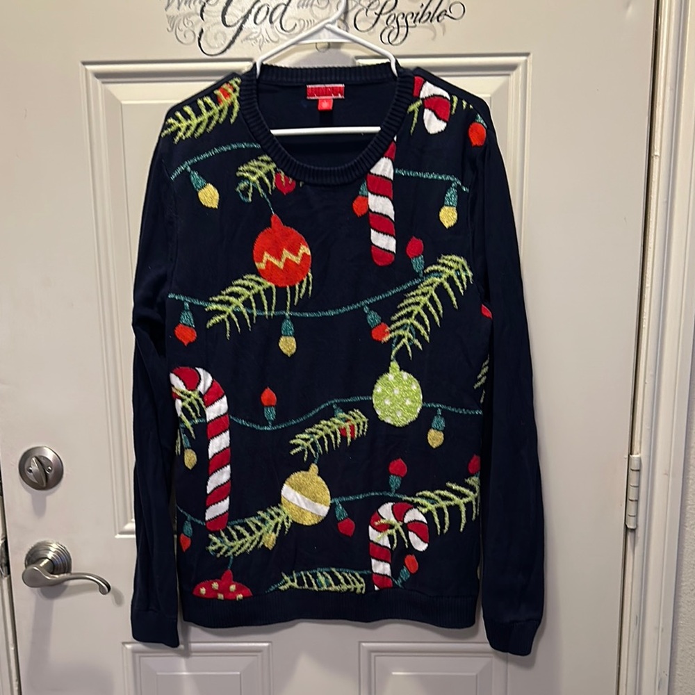 Womens Brand Christmas Sweater Ornaments Fuzzy Size‎ L Blue Green Red Size L